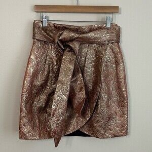 Mango Rose Gold Metallic Belted Wrap Mini Skirt Size 8